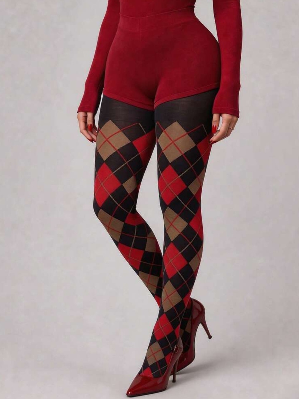 Black, Burgundy & Brown Argyle Preppy Diamond Pattern Tights